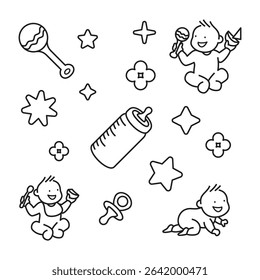 Baby icon collection design component set. Crawling, eating, playing, star, flower, maracas, pacifier, bottle milk. Illustration minimalist line design style
