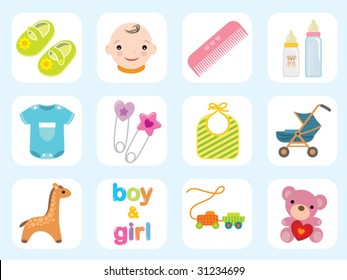 Baby icon collection. Use to create cute baby cards and baby shower invitations.