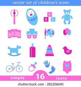 baby icon collection. Vector images in a planar graph.Set of children's icons of design in pink and blue colors.