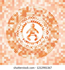 baby icon inside abstract emblem, orange mosaic background