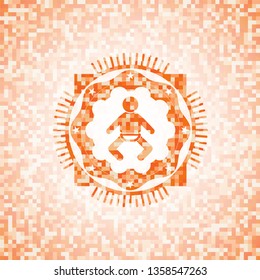 baby icon inside abstract emblem, orange mosaic background