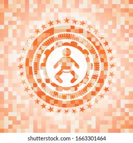 baby icon inside abstract orange mosaic emblem with background