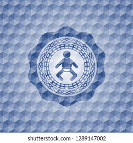 baby icon inside blue emblem with geometric pattern.