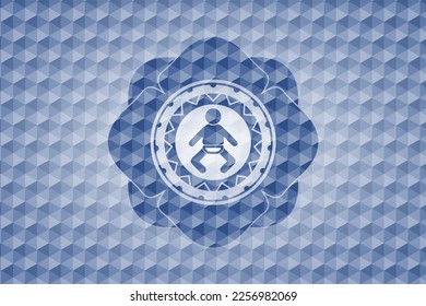 baby icon inside blue emblem with geometric pattern background. 