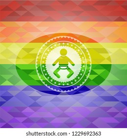 baby icon inside emblem on mosaic background with the colors of the LGBT flag