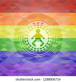 baby icon inside emblem on mosaic background with the colors of the LGBT flag
