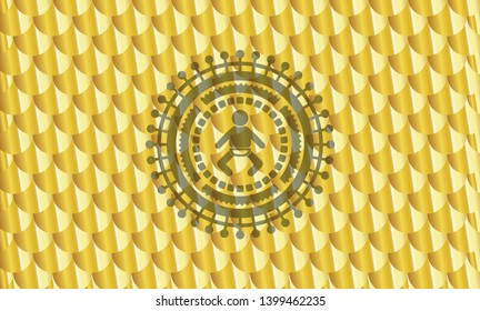 baby icon inside golden badge or emblem. Scales pattern. Vector Illustration. Detailed.