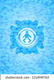 baby icon inside light blue emblem with triangle mosaic background