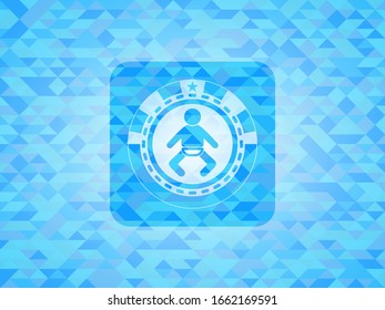 baby icon inside light blue emblem with triangle mosaic background