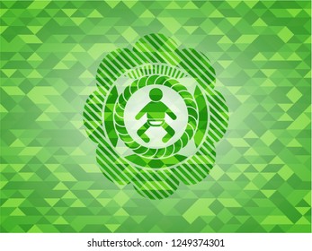 baby icon inside realistic green mosaic emblem