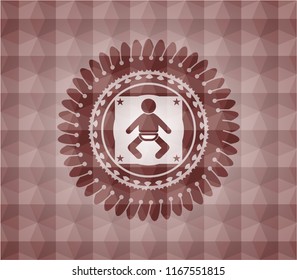 baby icon inside red seamless geometric pattern emblem. Seamless.