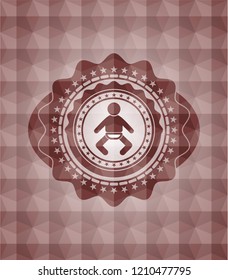 baby icon inside red seamless geometric pattern emblem. Seamless.