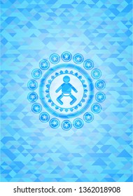 baby icon inside sky blue emblem. Mosaic background