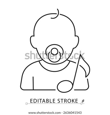 Baby icon with pacifier and music note in minimal black outline style on white background. Editable stroke vector for lullaby, baby sleep, relaxation, nursery sound or musical care.baby lullaby.