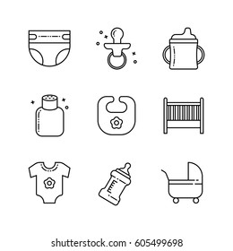 Baby icon pack. Set of baby care outline icons. Children staff.