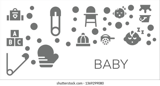 baby icon set. 11 filled baby icons.  Simple modern icons about  - Baby bag, Safety pin, Toy, hat, Carriage, chair, Mitten, boy, Milk