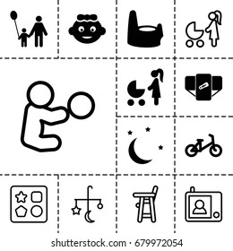 Baby icon. set of 13 filled and outline baby icons such as diaper, child bicycle, moon and stars, bed mobile, from toy for beach, intercom
