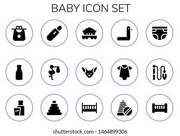 baby icon set. 15 filled baby icons.  Collection Of - Bib, Milk, Pregnancy test, Stork, Wagon, Fennec, Duck, Baby clothes, Diaper, Toy, Cot, Toys, Crib