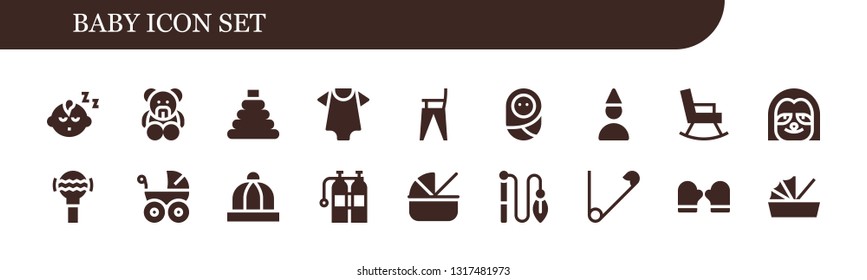 baby icon set. 18 filled baby icons.  Simple modern icons about  - Baby boy, Teddy bear, Toy, clothes, Feeding chair, Birthday boy, Rocking chair, Sloth, Rattle, carriage