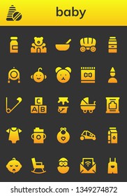 baby icon set. 26 filled baby icons.  Simple modern icons about  - Milk, Toys, Teddy bear, Baby food, Wagon, Toy, boy, Feed, Birthday boy, Safety pin, Abc, Stroller, Wipes