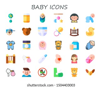baby icon set. 30 flat baby icons.  Simple modern icons about  - rattle, baby food, newborn, crib toy, mother, carriage, teddy bear, diaper, pacifier, cradle, rubber duck, onesie