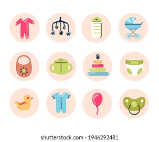 Baby icon set. Big collection of modern hand-drawn stickers about baby care, child health. Different vector icons.