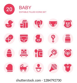 baby icon set. Collection of 20 filled baby icons included Duck, Milk, Elephant, Diaper, Bear, Baby, Ducky, Rattle, Toy, Carriage, Baby food, Panda, Mitten, Pushchair, Pacifier