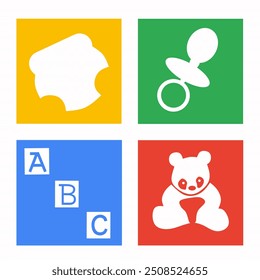 Baby icon set. Diaper, baby pacifier, alphabet, bear. Flat vector illustration.