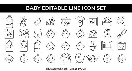 Baby Icon Set with editable line icons of baby care essentials, toys, strollers, and feeding items. For parenting websites, childcare apps, baby product branding, posters, and marketing designs.