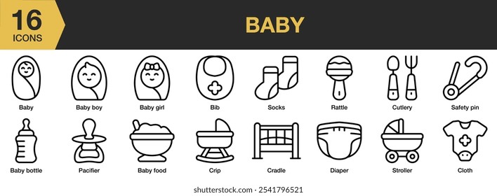 Baby Icon Set. Beinhaltet Flasche, Junge, Essen, Lätzchen, Tuch, Wiege und mehr. Gliederungssymbole, Vektorsammlung.