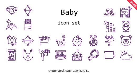 baby icon set. line icon style. baby related icons such as shower, kindergarten, monkey, potty, swan, cradle, sloth, swans, cupid, cloudy, rainbow, sticks, bird house, giraffe, baby, bear, bib