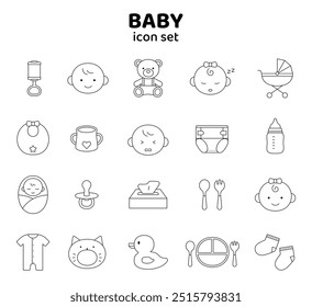 Baby icon set with lines Simple cute illustration Childbirth Childcare Infant line Black and white