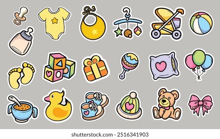 Baby icon set. Icon set for newborns to use at baby parties. Cute, colorful stickers.