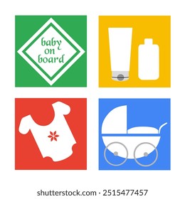 Baby icon set. Baby skin care, baby clothes, baby stroller. Flat vector illustration.