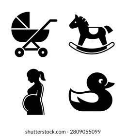 Baby icon set with stroller, rocking horse, pregnant woman and rubber duck for newborn care, maternity theme and nursery design