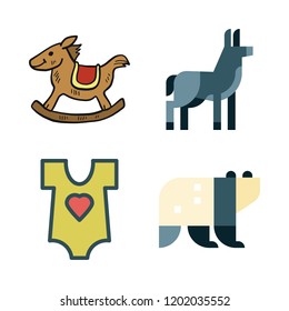 baby icon set. vector set about panda bear, rocking horse, baby clothes and donkey icons set.
