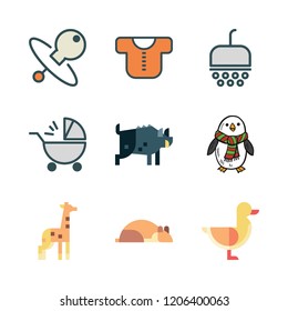 baby icon set. vector set about baby stroller, boar, duck and baby clothes icons set.