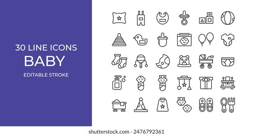 Baby icon set vector illustration editable stroke. cookies, baby shower, pillow and more