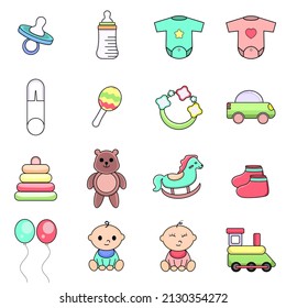 baby icon set of vector illustrations for use at baby supply stores, at baby spas, baby playgrounds, and more.