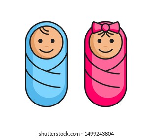 Baby Icon In Two Variations - Newborn Swaddled Boy And Girl - Flat Cartoon Little Children 