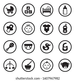 Baby Icons. Black Flat Design In Circle. Vector Illustration.