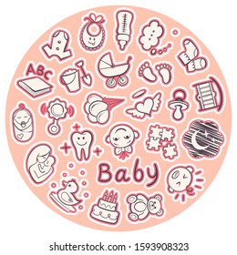 Baby icons in a circle, set of kids things for newborn parties, birthday, invitations, baby shower cards, social media, covers, web, logos, badges, stickers. Isolated symbols on pink  bg, sketch style