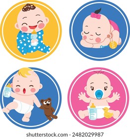 Baby icons collection cute cartoon sketch circles isolation