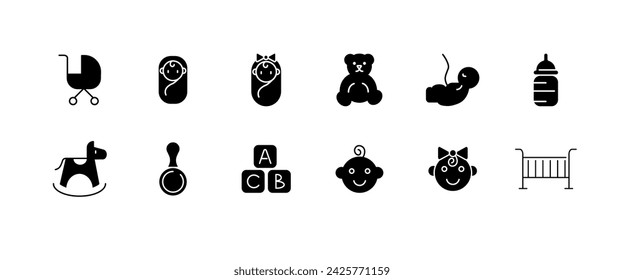 Baby icons design. Silhouette, stroller, diapers, toys for baby icons. Vector icons