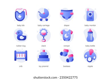Baby icons in a flat cartoon design with blue colors. The picture shows all the attributes that a small child needs, such as toys, small clothes. Vector illustration.