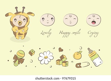 Baby icons (giraffe, toy, flower, block, apple, milk, pin)