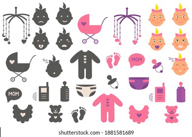 Baby icons for girls. Collection of colored badges depicting a baby and baby accessories