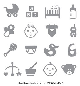 Baby Icons. Gray Flat Design. Vector Illustration. 