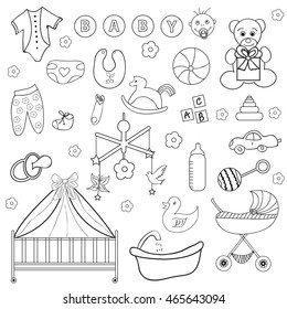 Baby icons, hand drawing, doodle style. Vector illustration