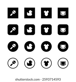 Baby icons, minimalist design, black and white, rattle toy, rubber duck, onesie, diaper, square icons, circular icons, simple shapes, flat icons, nursery symbols, childcare essentials, infant accessor